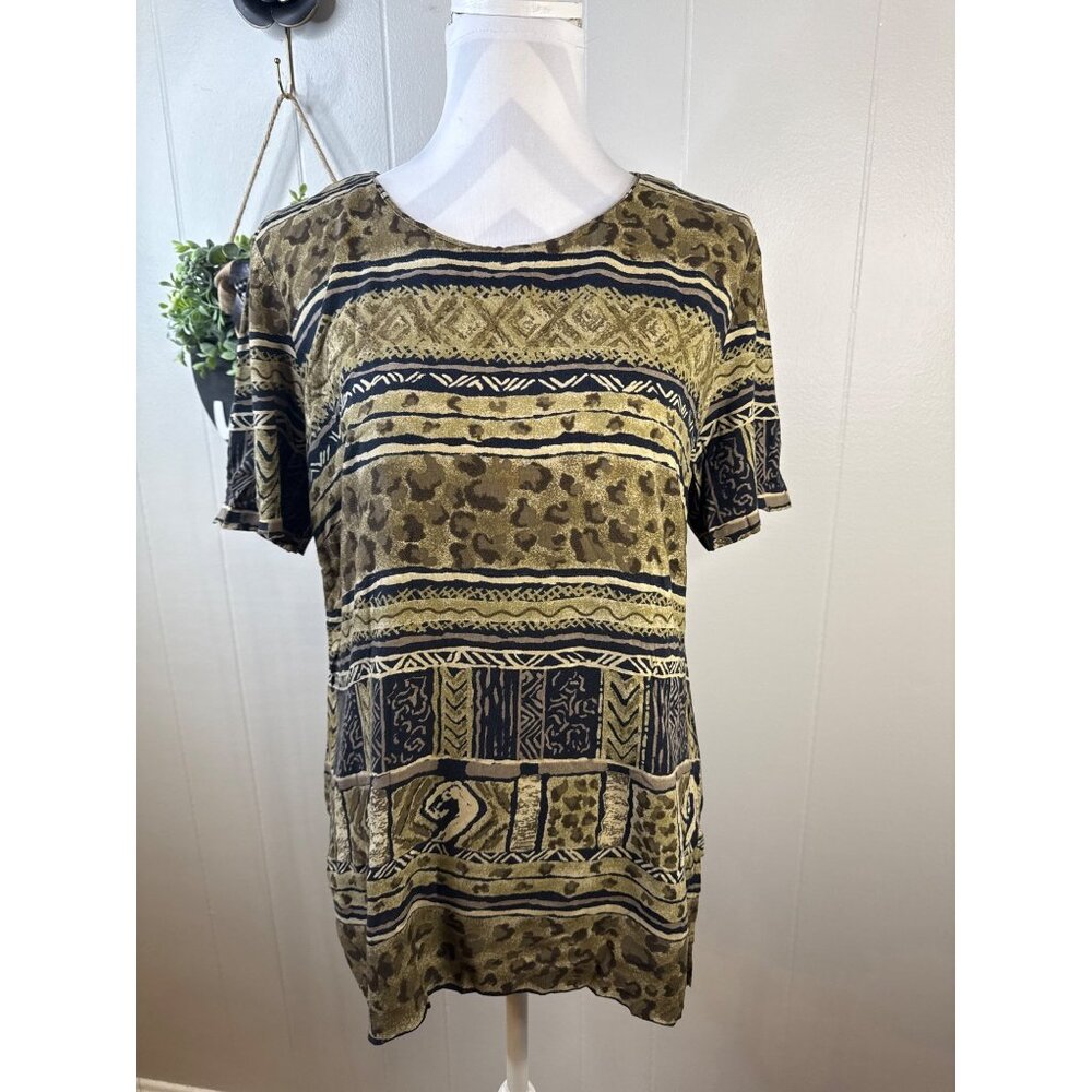 Vintage Darian Womens Size 8 Rayon Green & Black Patterned Tunic Top With Short